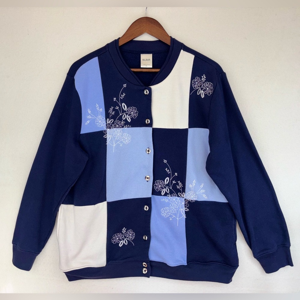 VINTAGE Colorblock‎ Sweatshirt Embroidered Cardigan  Women Top Large Long Sleeve